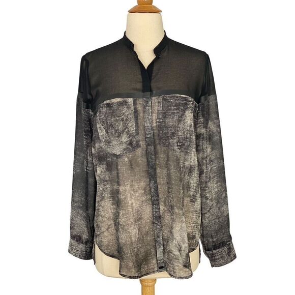 Cop Copine Sheer Blouse Black Gray Sheer Abstract Long Sleeve High Low Size 36/S - Picture 10 of 10